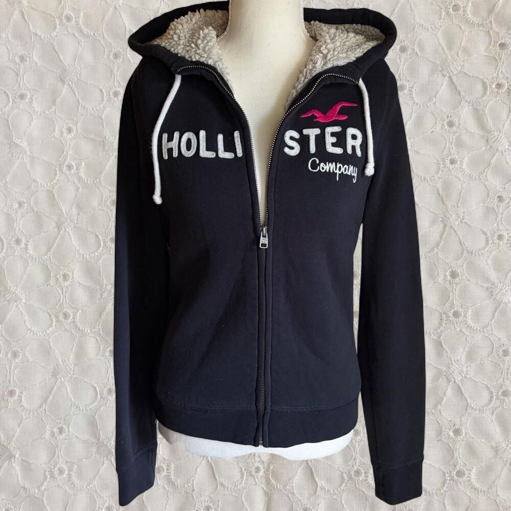 Vintage Y2K Hollister Zip Up Hoodie Jacket Sherpa Lined Patch Logo